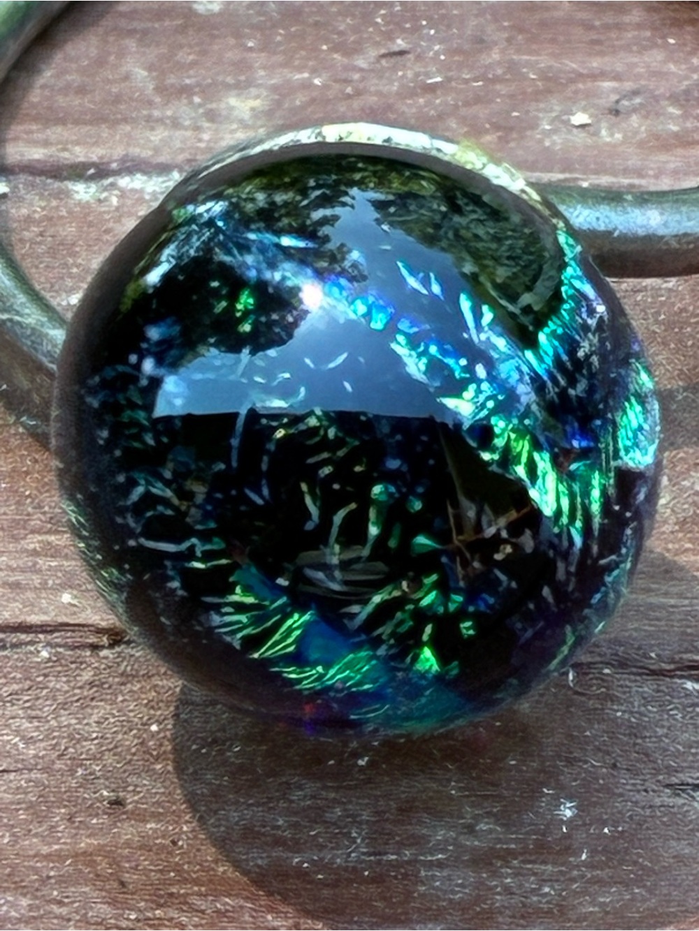 Iridescent Green-Blue Glass Dome Ring
